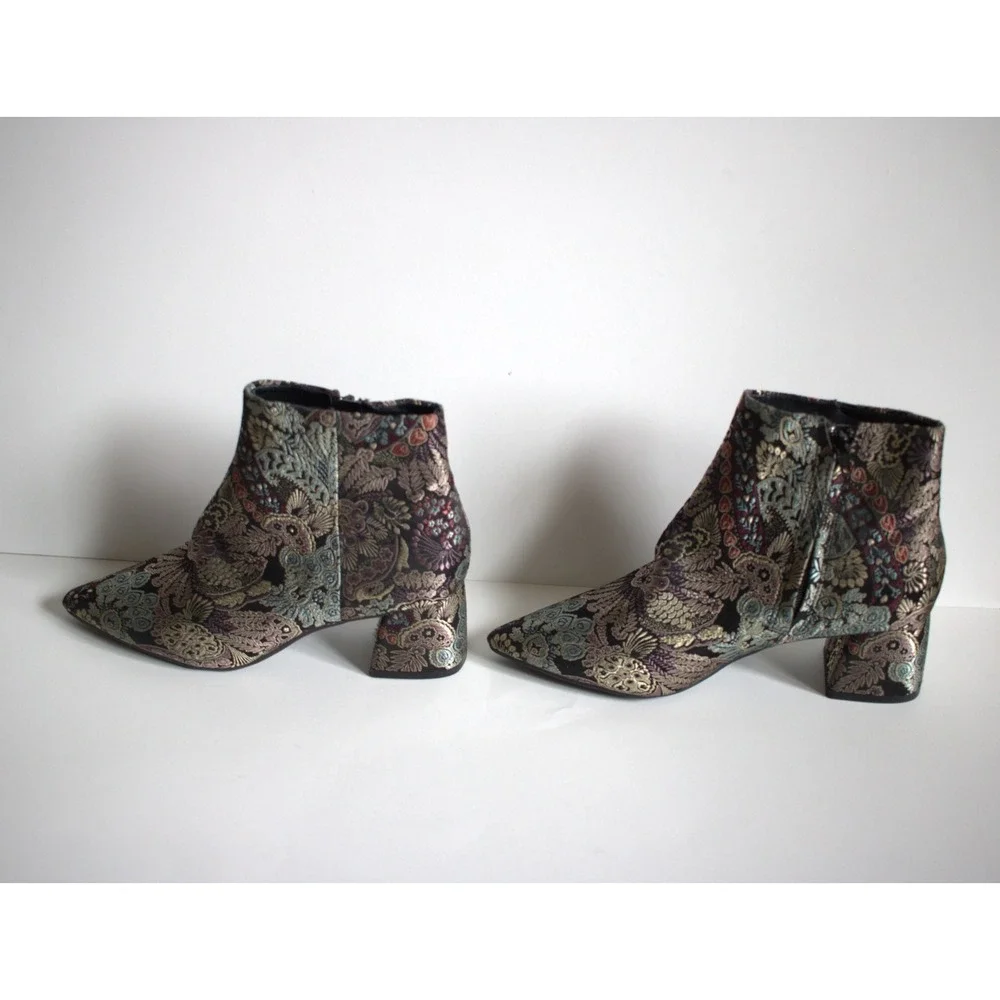 Alex Marie Jacquard Floral Black Multicolor Ankle Bootie Zip Pointed Toe Sz 7.5M